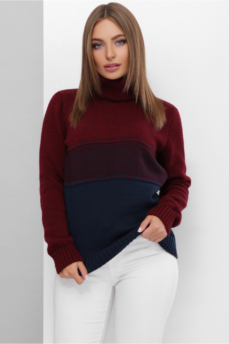 В'язаний светр жіночий під горло зимовий кольору марсала--синій