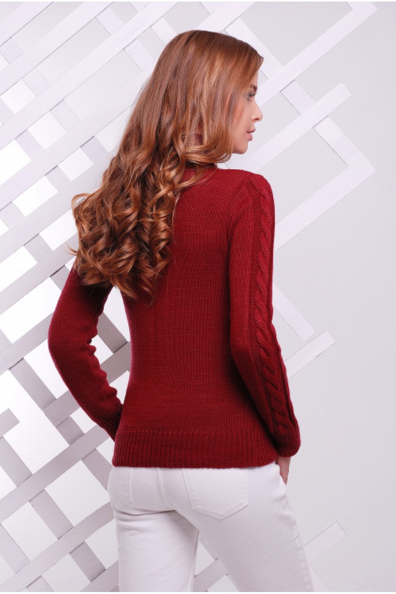 Жіночий теплий в`язаний светр під горло бордовий