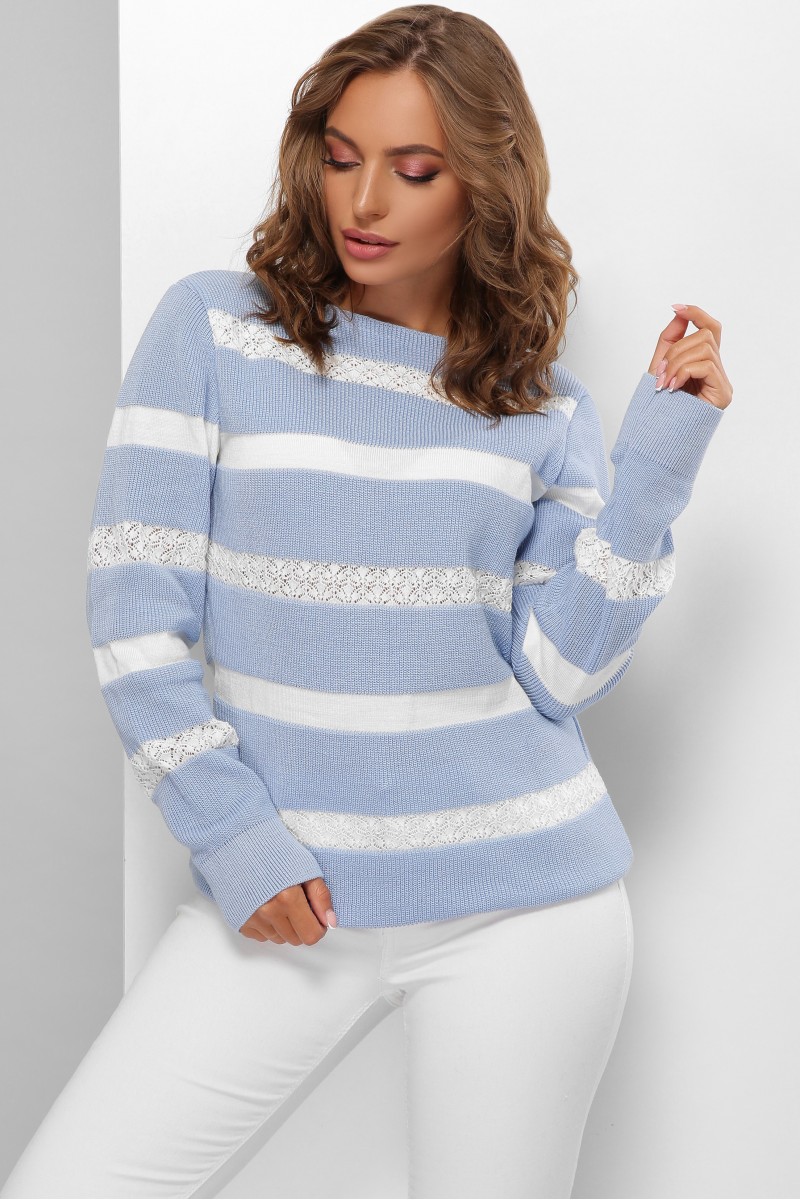 Гарний светр жіночий з мереживними смугами блакитний